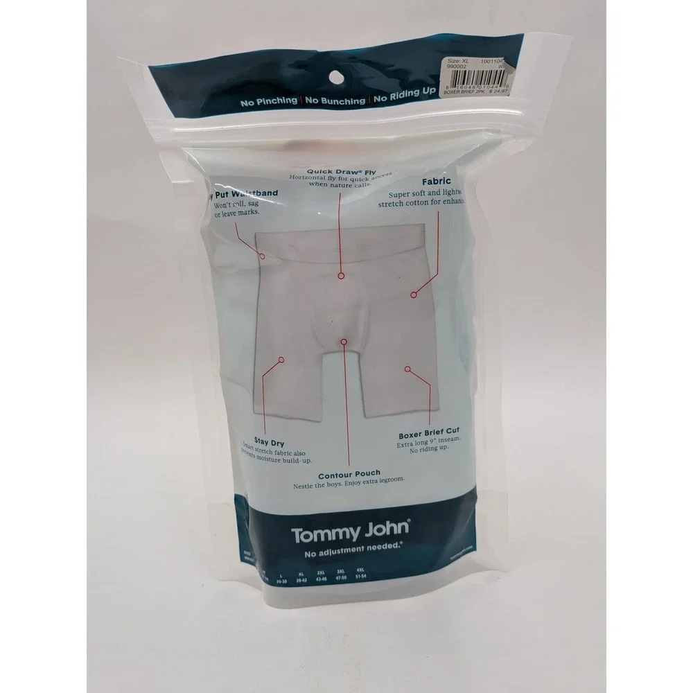 Tommy John Cotton Basics White Boxer Briefs 2 Pack XL 9 Inch Inseam 10011041060